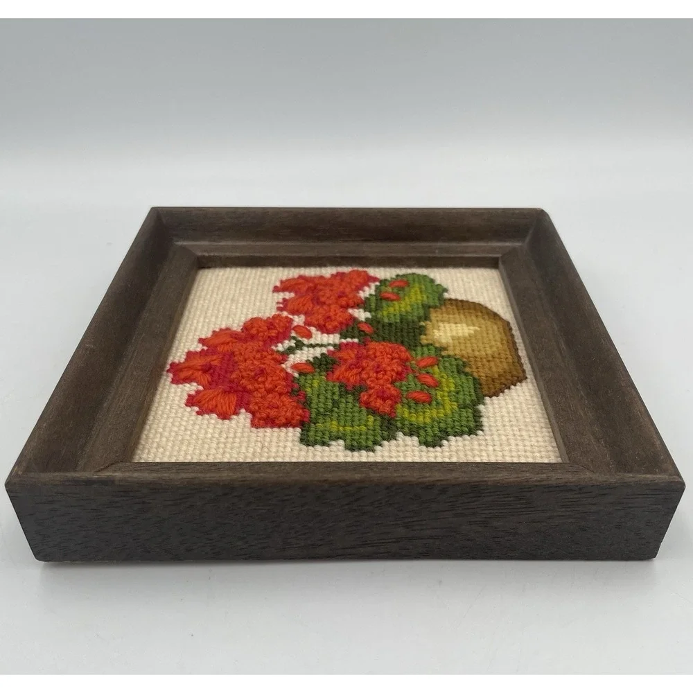 Vtg Floral Crewel Embroidery Framed Wall Art 6 x 6 Cottagecore Red Geraniums MCM
